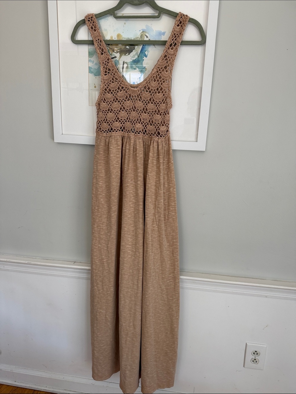 Aerie women’s Crochet Bodice Maxi Dress in Tan Pockets Small NWT Fall fashion